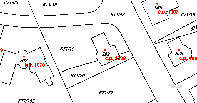 Hlubočinka 1008, Sulice na parcele st. 592 v KÚ Sulice, Katastrální mapa