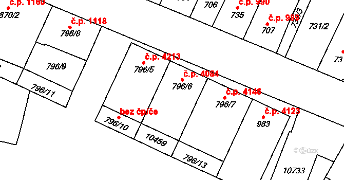 Hodonín 4084 na parcele st. 796/6 v KÚ Hodonín, Katastrální mapa