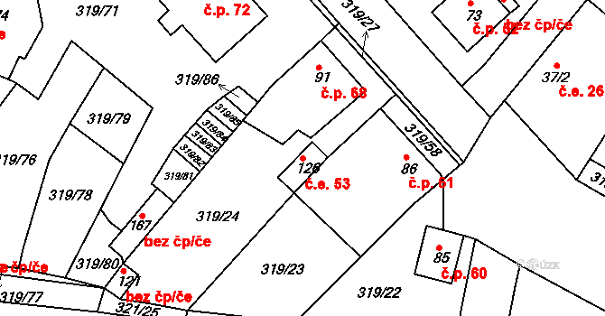 Dubice 53, Řehlovice na parcele st. 126 v KÚ Dubice nad Labem, Katastrální mapa