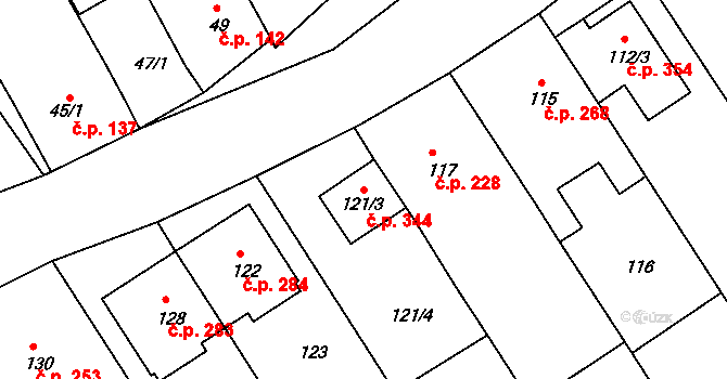 Těšov 344, Uherský Brod na parcele st. 121/3 v KÚ Těšov, Katastrální mapa