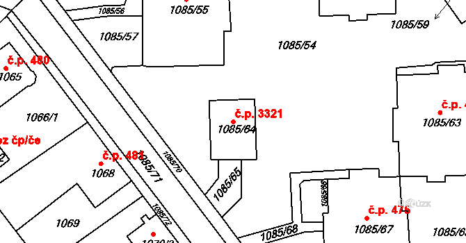 Frýdek 3321, Frýdek-Místek na parcele st. 1085/64 v KÚ Frýdek, Katastrální mapa