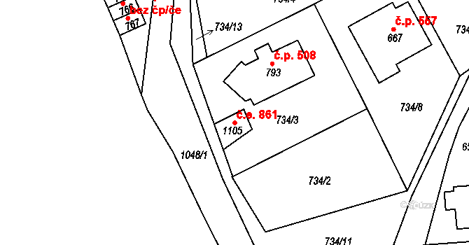 Bohosudov 861, Krupka na parcele st. 1105 v KÚ Bohosudov, Katastrální mapa