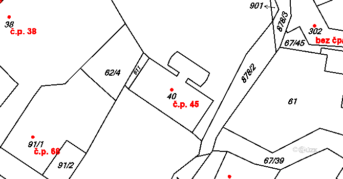 Blatno 45, Hlinsko na parcele st. 40 v KÚ Blatno u Hlinska, Katastrální mapa
