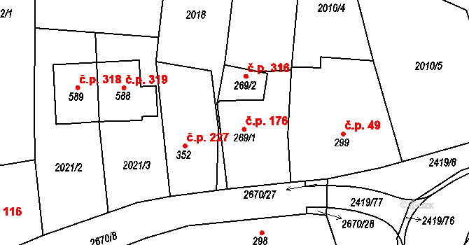 Klenčí pod Čerchovem 176 na parcele st. 269/1 v KÚ Klenčí pod Čerchovem, Katastrální mapa