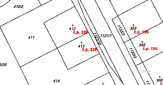 Lázně Bohdaneč 228 na parcele st. 413 v KÚ Lázně Bohdaneč, Katastrální mapa