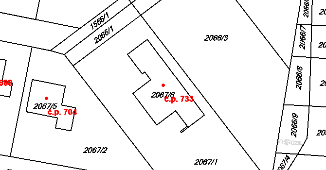 Jaktař 733, Opava na parcele st. 2067/6 v KÚ Jaktař, Katastrální mapa