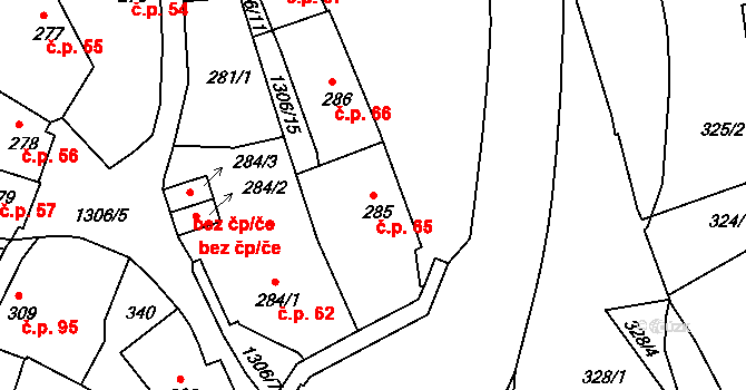 Horní Brána 65, Český Krumlov na parcele st. 285 v KÚ Český Krumlov, Katastrální mapa