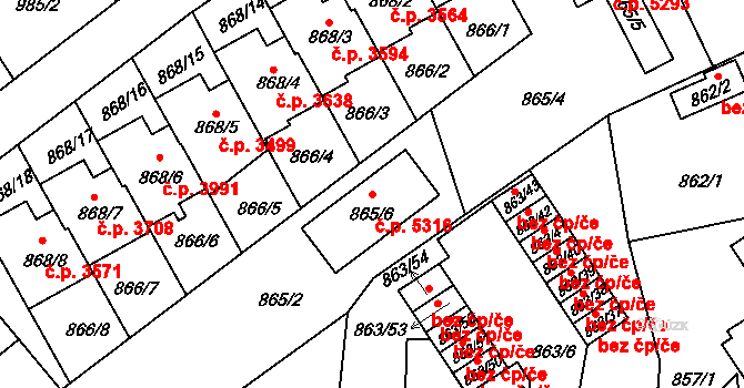 Mšeno nad Nisou 5316, Jablonec nad Nisou na parcele st. 865/6 v KÚ Mšeno nad Nisou, Katastrální mapa