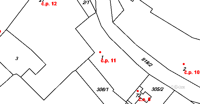 Hornosín 11 na parcele st. 1 v KÚ Hornosín, Katastrální mapa