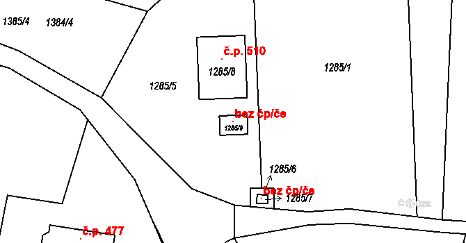 Zádveřice-Raková 104851155 na parcele st. 1285/9 v KÚ Zádveřice, Katastrální mapa