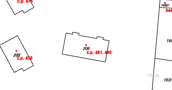 Plumlov 480,481 na parcele st. 206 v KÚ Plumlov, Katastrální mapa