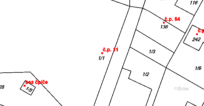 Chabeřice 11 na parcele st. 1/1 v KÚ Chabeřice, Katastrální mapa