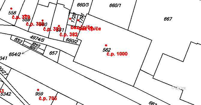 Jáchymov 1000 na parcele st. 562 v KÚ Jáchymov, Katastrální mapa