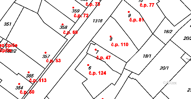 Nebovidy 47 na parcele st. 7 v KÚ Nebovidy u Brna, Katastrální mapa