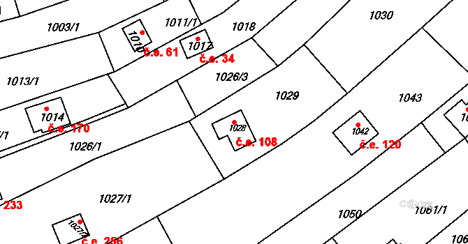 Popůvky 108 na parcele st. 1028 v KÚ Popůvky u Brna, Katastrální mapa