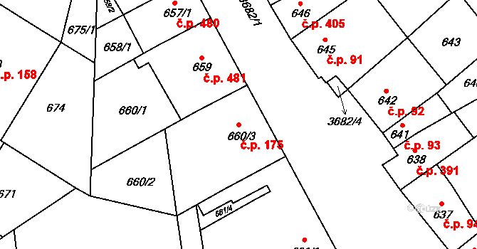 Vyškov-Předměstí 175, Vyškov na parcele st. 660/3 v KÚ Vyškov, Katastrální mapa