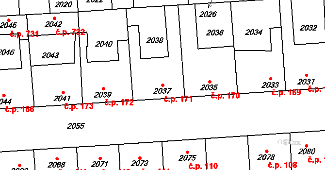 Kročehlavy 171, Kladno na parcele st. 2037 v KÚ Kročehlavy, Katastrální mapa