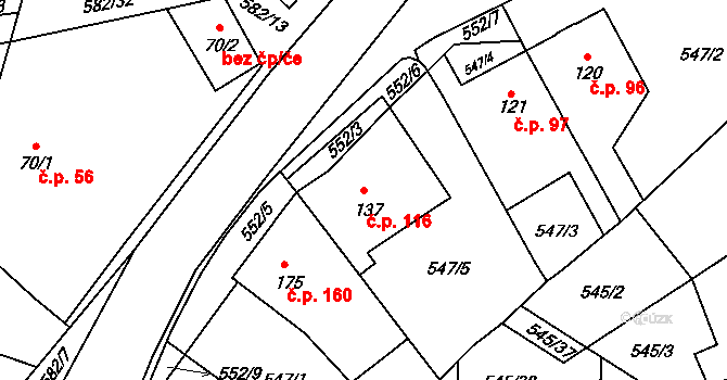 Tetín 116 na parcele st. 137 v KÚ Tetín u Berouna, Katastrální mapa