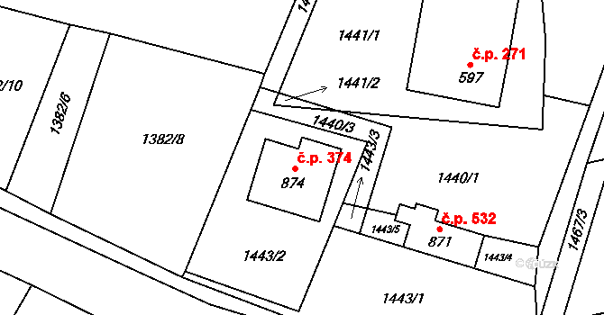 Písek 374 na parcele st. 874 v KÚ Písek u Jablunkova, Katastrální mapa