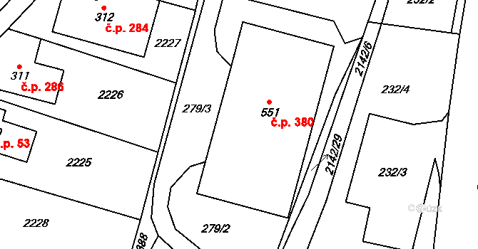 Roztoky u Jilemnice 380 na parcele st. 551 v KÚ Roztoky u Jilemnice, Katastrální mapa