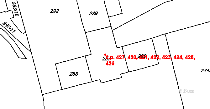 Ponava 420,421,422,423,424,, Brno na parcele st. 287 v KÚ Ponava, Katastrální mapa