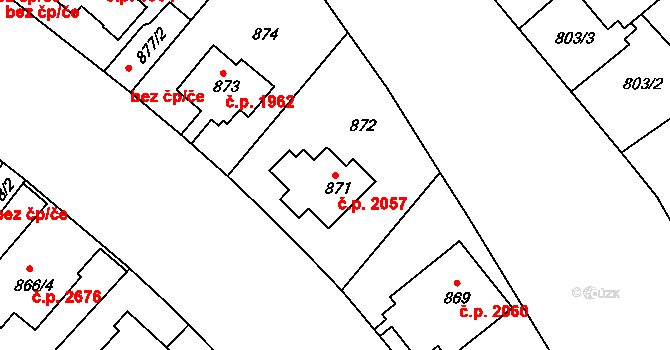 Smíchov 2057, Praha na parcele st. 871 v KÚ Smíchov, Katastrální mapa