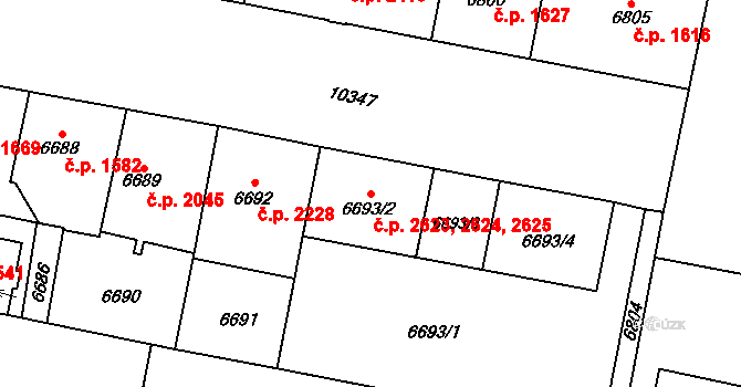 Jižní Předměstí 2623,2624,2625, Plzeň na parcele st. 6693/2 v KÚ Plzeň, Katastrální mapa