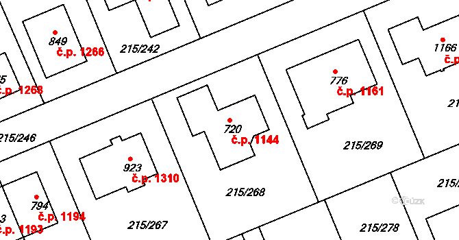 Rudná 1144 na parcele st. 720 v KÚ Hořelice, Katastrální mapa