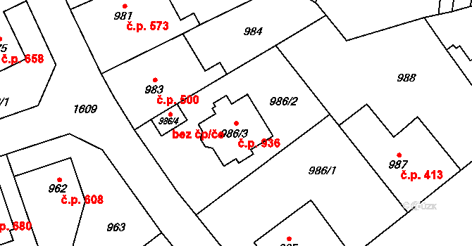 Řeporyje 936, Praha na parcele st. 986/3 v KÚ Řeporyje, Katastrální mapa