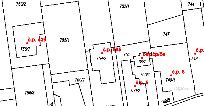 Píšť 605 na parcele st. 754/2 v KÚ Píšť, Katastrální mapa