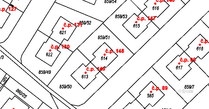 Dušníky 148, Obříství na parcele st. 614 v KÚ Obříství, Katastrální mapa