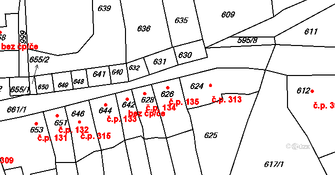 Bystřice nad Pernštejnem 135 na parcele st. 626 v KÚ Bystřice nad Pernštejnem, Katastrální mapa