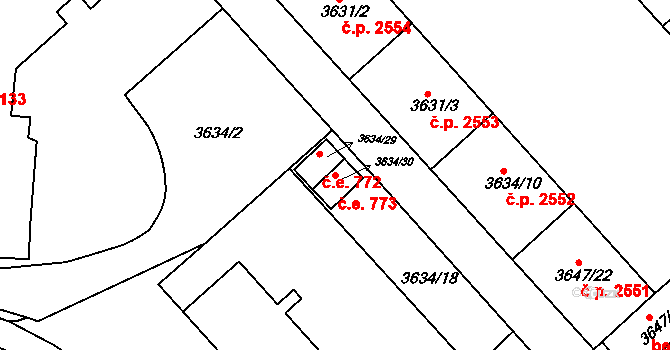 Znojmo 773 na parcele st. 3634/30 v KÚ Znojmo-město, Katastrální mapa