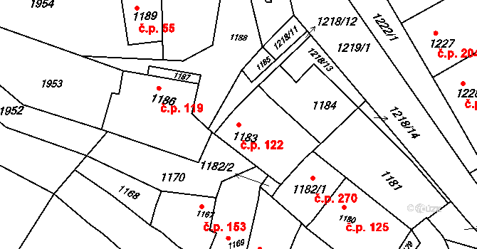 Pustiměř 122 na parcele st. 1183 v KÚ Pustiměř, Katastrální mapa