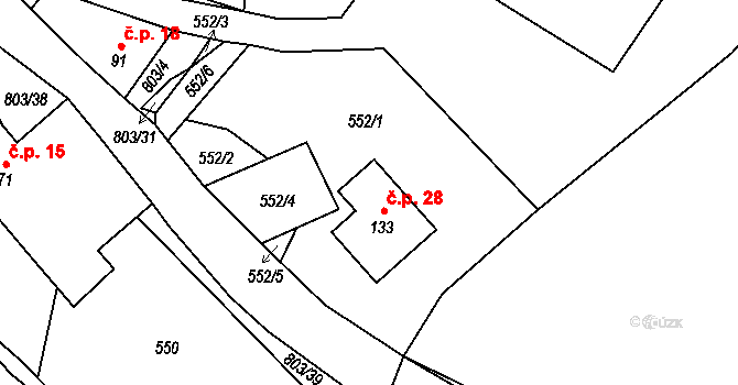 Útěchovičky 28, Pelhřimov na parcele st. 133 v KÚ Chvojnov, Katastrální mapa