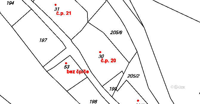 Krsice 20, Čimelice na parcele st. 30 v KÚ Krsice, Katastrální mapa