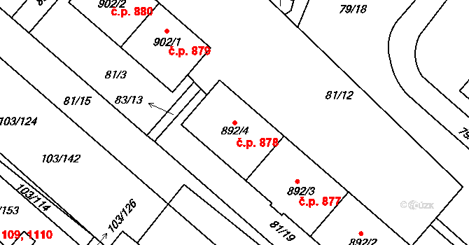 Neratovice 878 na parcele st. 892/4 v KÚ Neratovice, Katastrální mapa