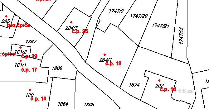 Podzámčí 18, Kdyně na parcele st. 204/1 v KÚ Podzámčí, Katastrální mapa
