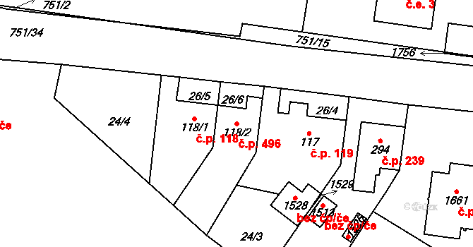 Svítkov 496, Pardubice na parcele st. 118/2 v KÚ Svítkov, Katastrální mapa