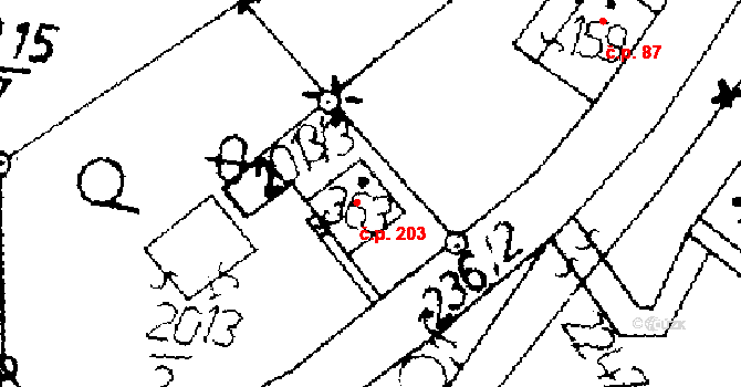 Merboltice 203 na parcele st. 363 v KÚ Merboltice, Katastrální mapa