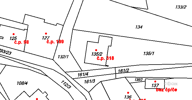 Horní Jasenka 318, Vsetín na parcele st. 135/2 v KÚ Jasenka, Katastrální mapa