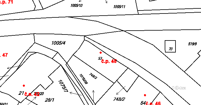 Řenče 45 na parcele st. 53 v KÚ Řenče, Katastrální mapa
