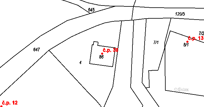 Vilémovice 38, Červené Janovice na parcele st. 86 v KÚ Vilémovice u Červených Janovic, Katastrální mapa