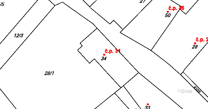 Třebohostice 31, Škvorec na parcele st. 34 v KÚ Třebohostice u Škvorce, Katastrální mapa