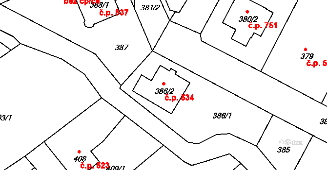 Třeboň II 534, Třeboň na parcele st. 386/2 v KÚ Třeboň, Katastrální mapa