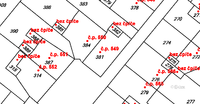Vinařice 549 na parcele st. 381 v KÚ Vinařice u Kladna, Katastrální mapa