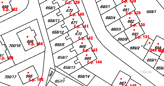 Mimoň V 143, Mimoň na parcele st. 669 v KÚ Mimoň, Katastrální mapa