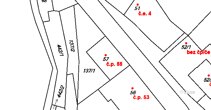 Křešov 55, Snědovice na parcele st. 57 v KÚ Křešov, Katastrální mapa