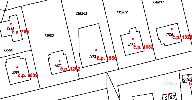 Rožnov pod Radhoštěm 1250 na parcele st. 1473 v KÚ Rožnov pod Radhoštěm, Katastrální mapa