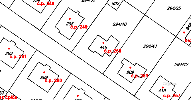 Dukovany 250 na parcele st. 445 v KÚ Dukovany, Katastrální mapa